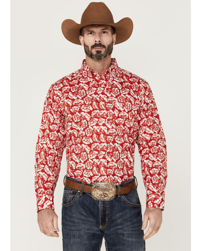 Panhandle Select Men's Red Floral Print Long Sleeve Button-Down Western Shirt , Red, hi-res