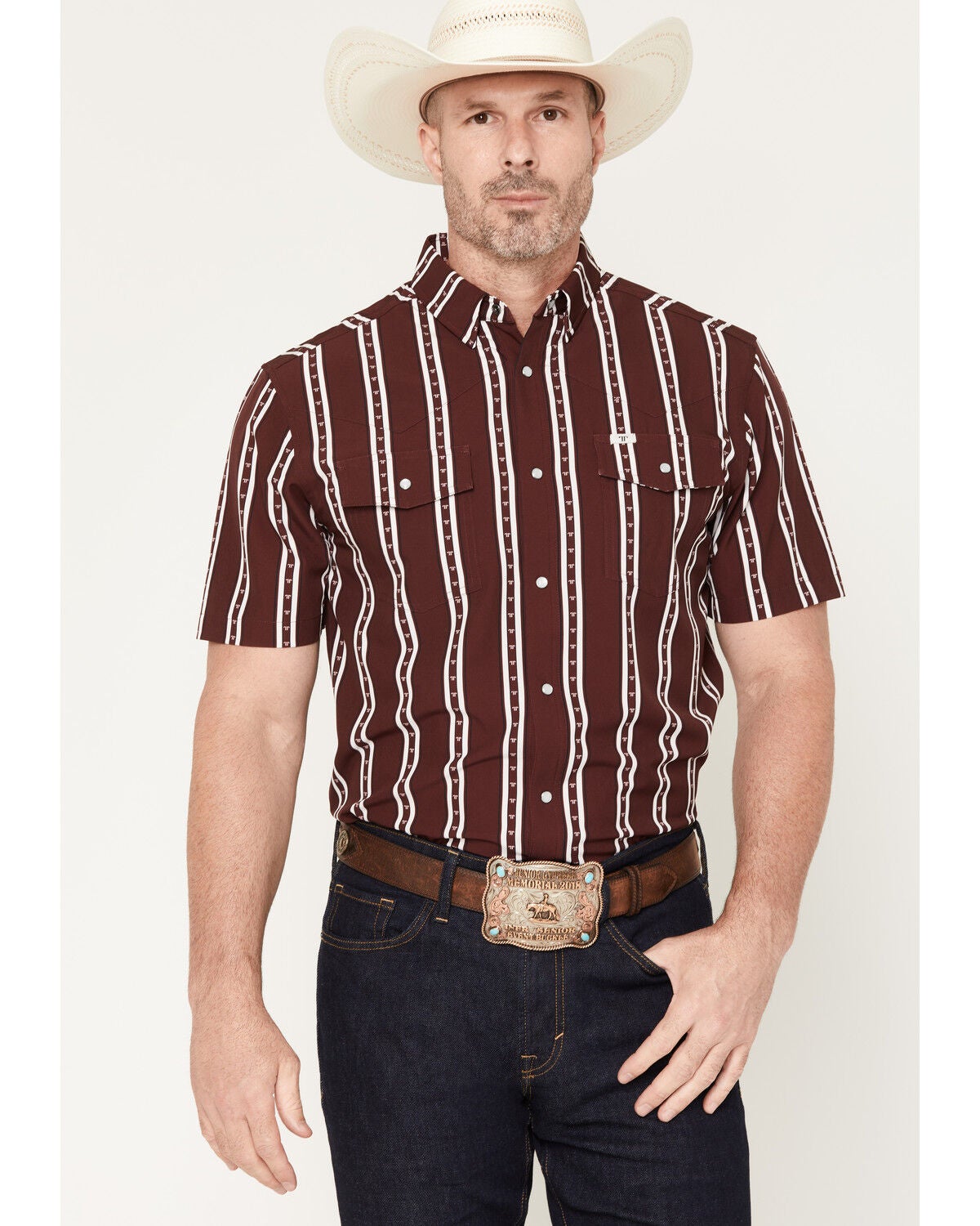 Ferrell Men's Tucker Tek Striped Short Sleeve Pearl Snap Stretch Western Shirt, Burgundy, hi-res
