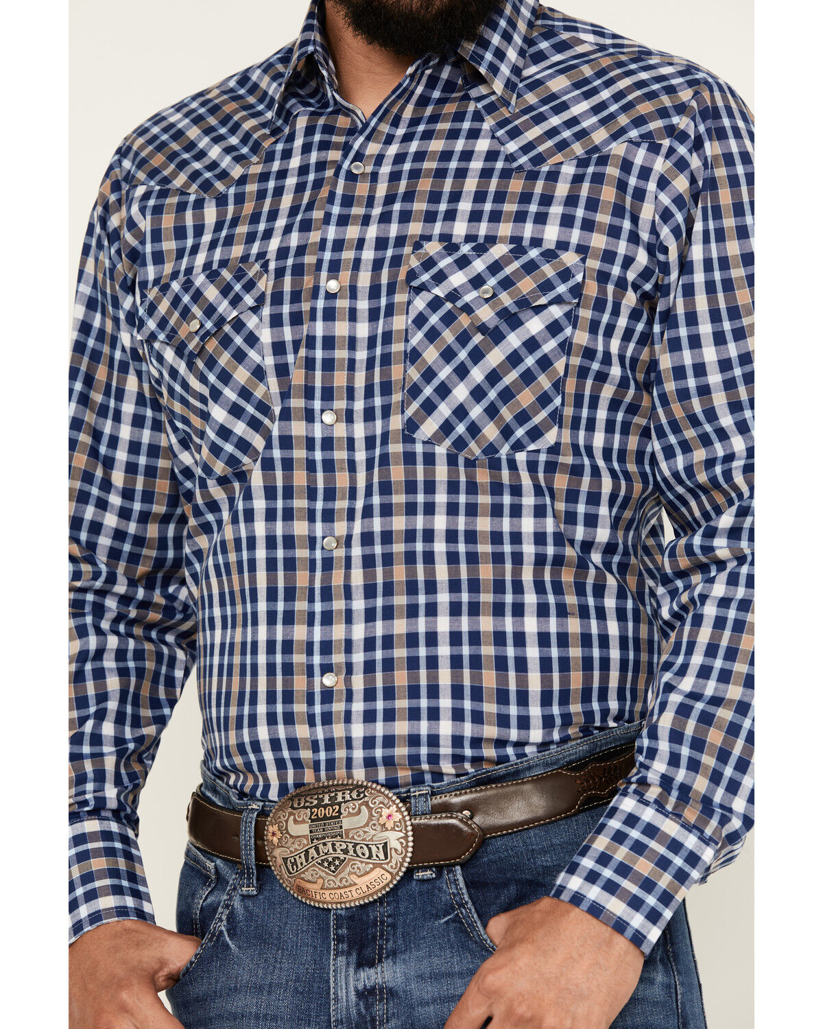 Image #3 - Ely Walker Men's Plaid Print Long Sleeve Pearl Snap Western Shirt, Navy, hi-res