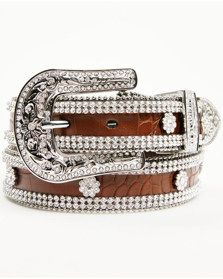 Shyanne Girls' Croc Print Floral Studs Western Belt, Tan, hi-res