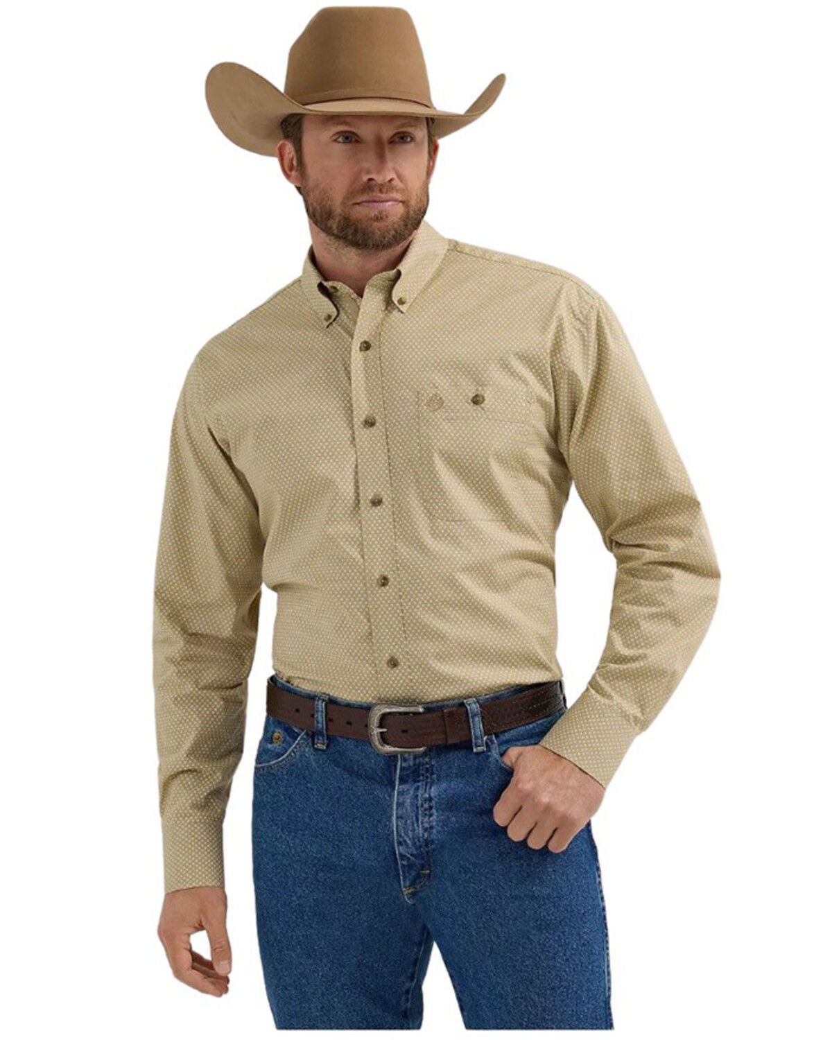 Image #1 - George Strait by Wrangler Men's Printed Long Sleeve Button-Down Stretch Western Shirt - Big, Tan, hi-res