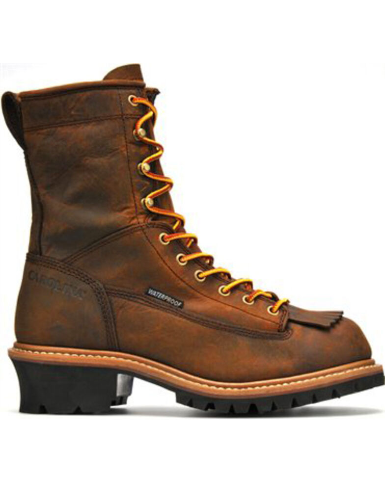 Carolina Men's Brown 8" Waterproof Lace-to-Toe Logger Boots - Round Toe, Brown, hi-res