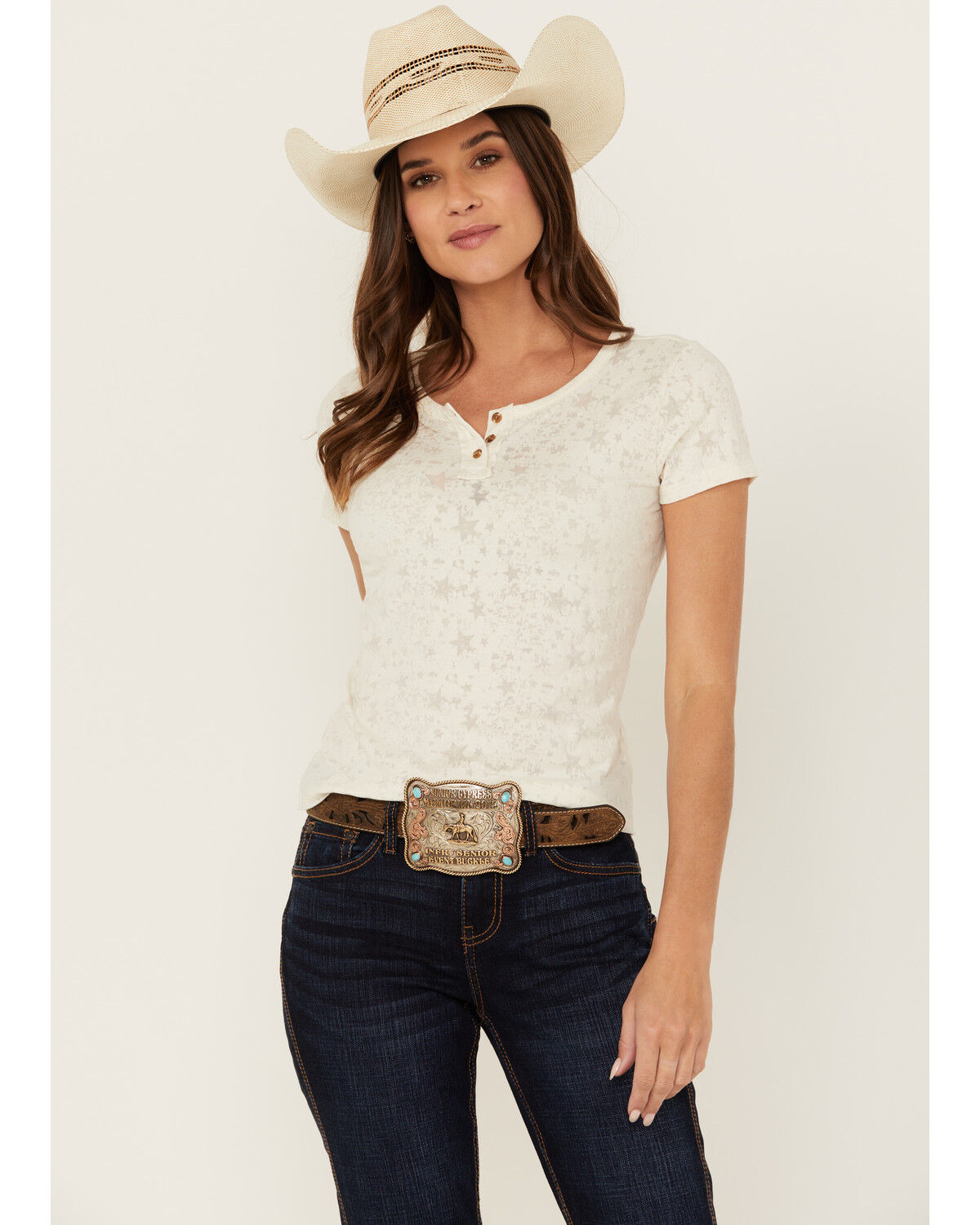 Image #1 - Shyanne Women's Lovell Star Burnout Henley Tee, Cream, hi-res