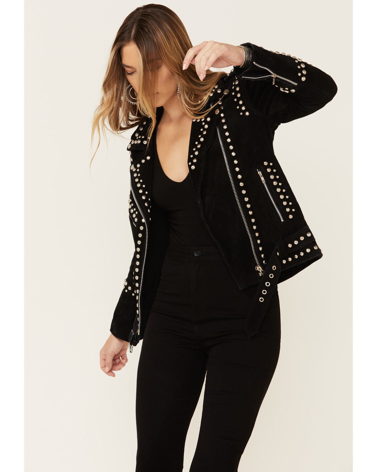 Image #5 - Understated Leather Women's Black Dome Studded Moto Suede Jacket , , hi-res