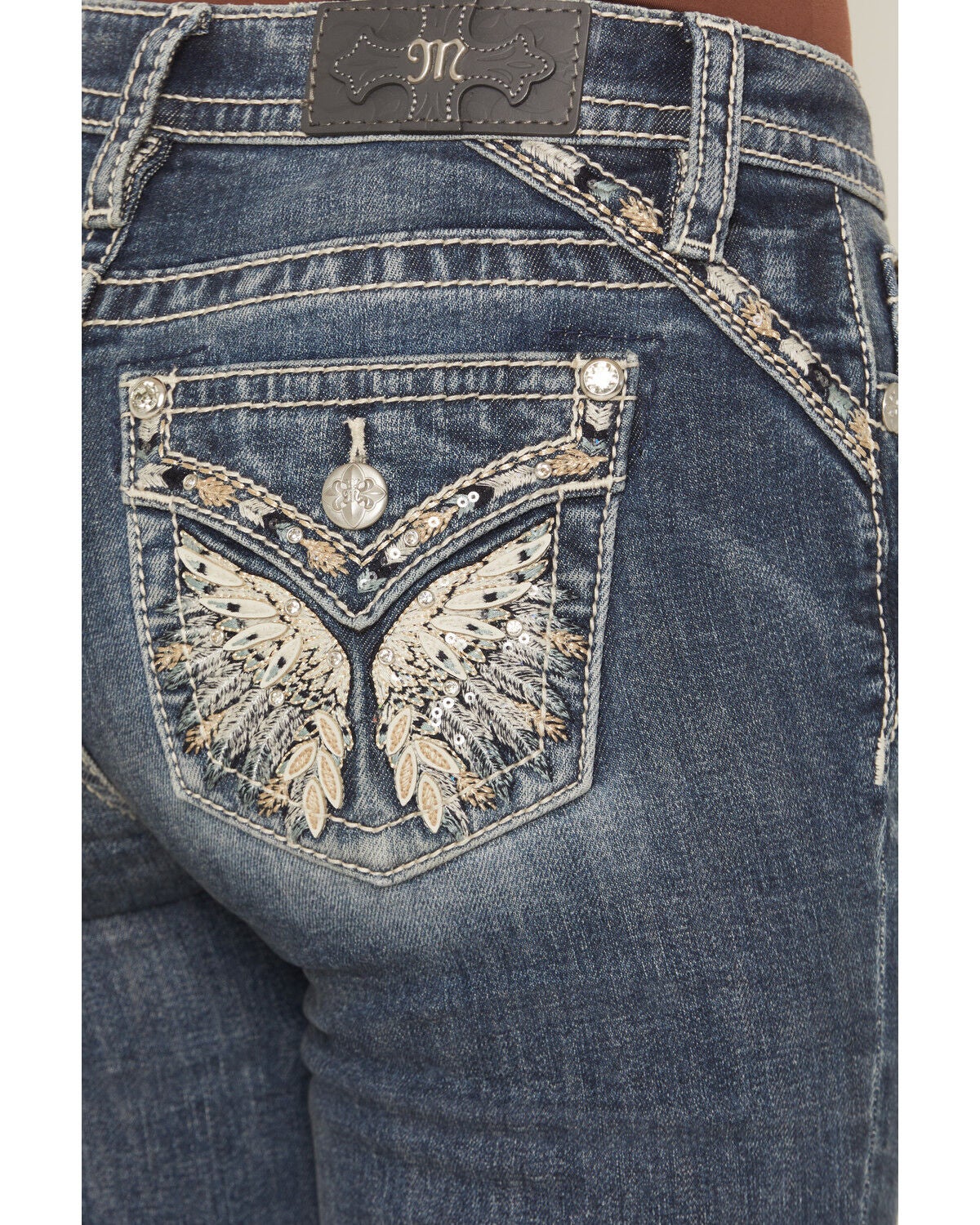Image #2 - Miss Me Women's Medium Wash Mid Rise Wing Pocket 32" Bootcut Stretch Denim Jeans, Medium Wash, hi-res
