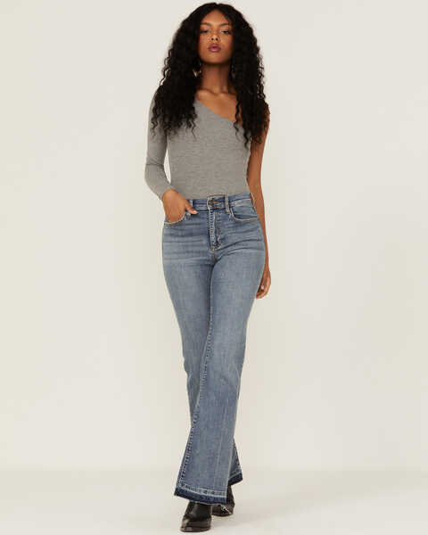 Sneak Peek Women's Vintage High Rise Release Hem Flare Jeans, Blue, hi-res