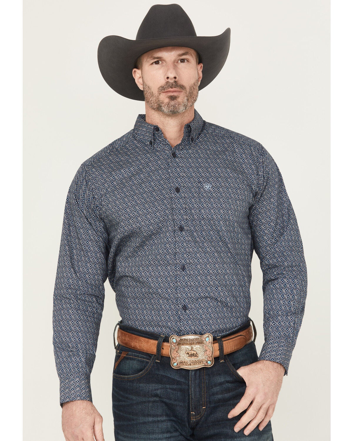 Image #1 - Ariat Men's Colson Geo Print Long Sleeve Button-Down Western Shirt - Tall, Navy, hi-res