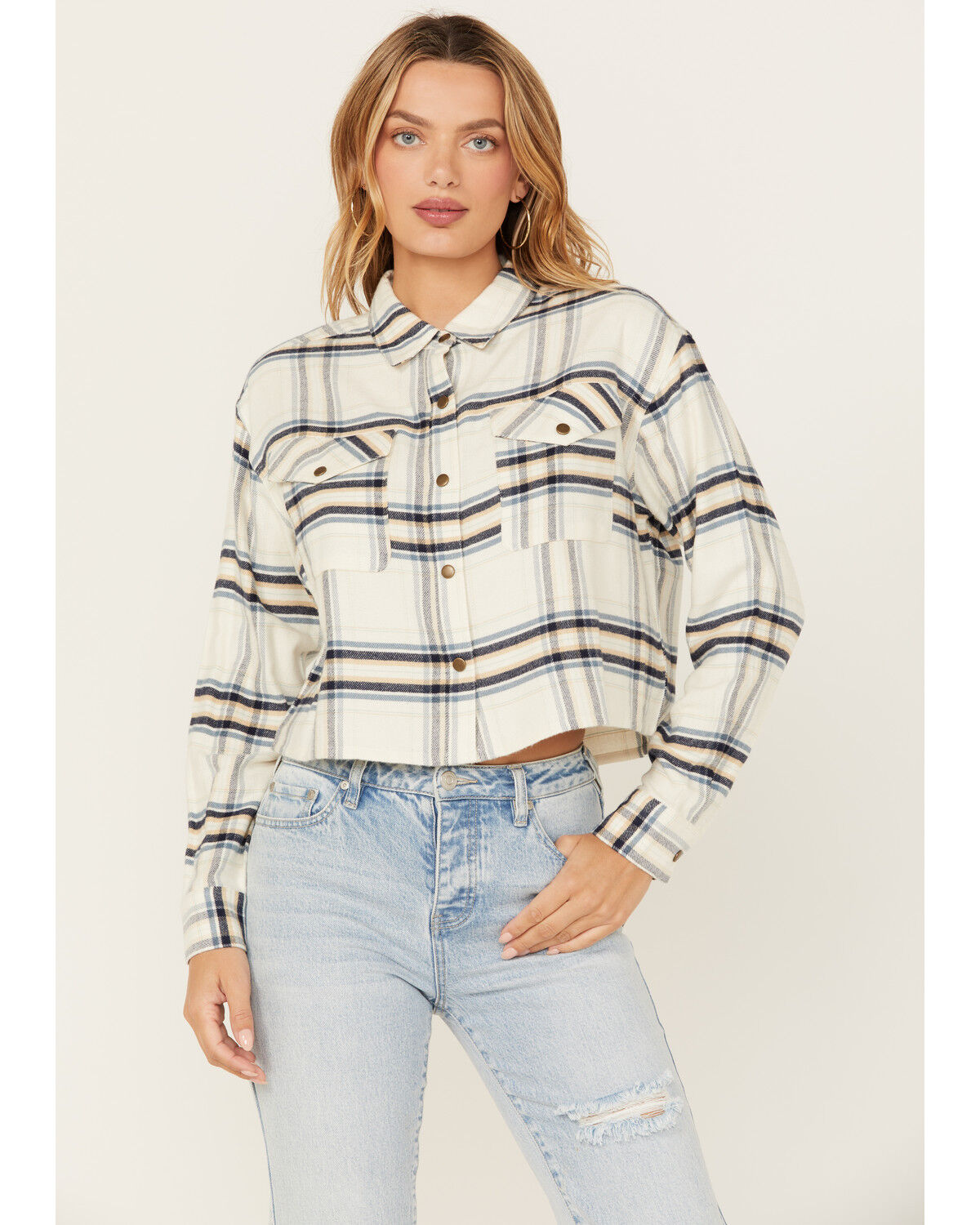 Image #1 - Cleo + Wolf Women's Cropped Plaid Print Flannel Shirt, Cream, hi-res