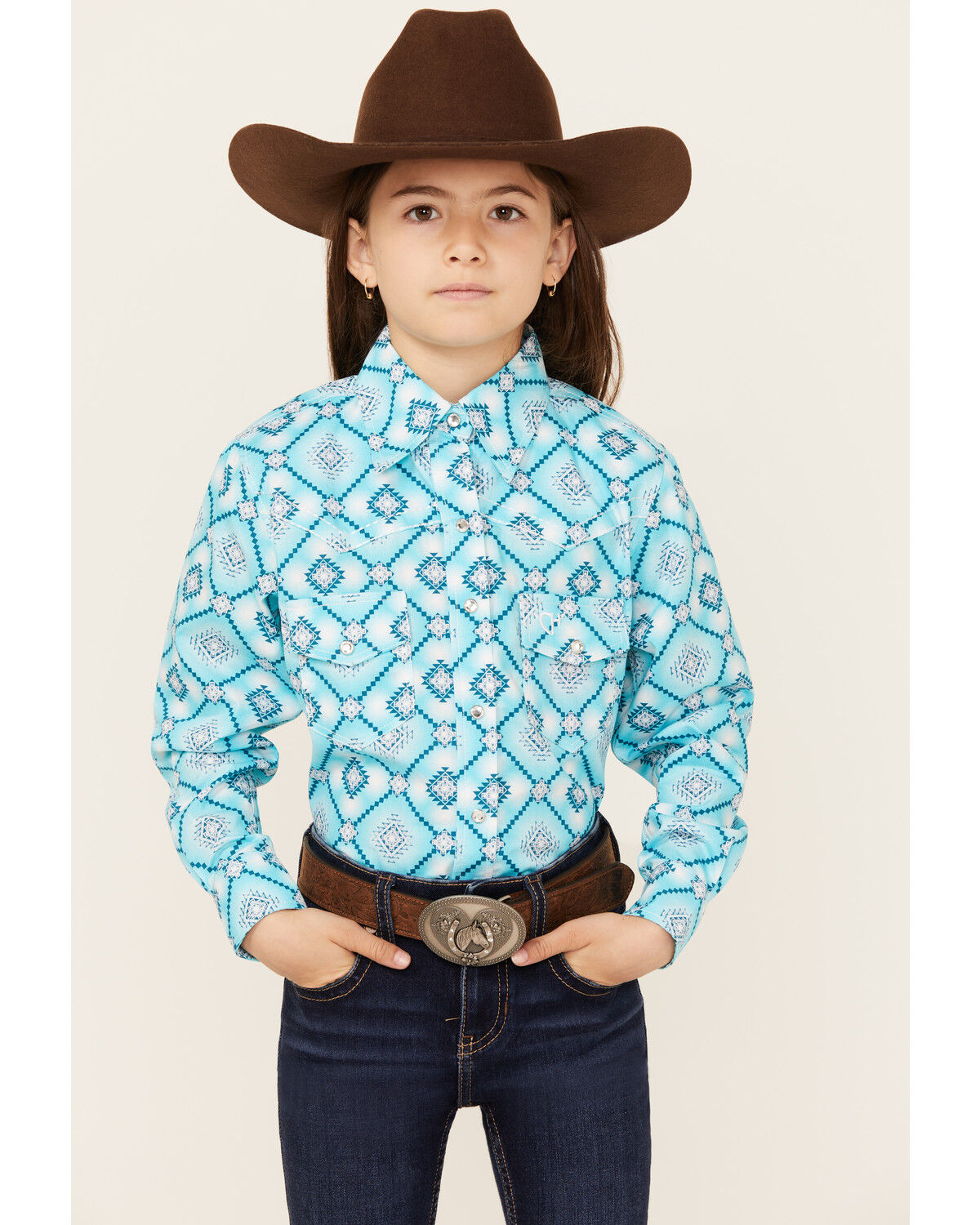 Image #1 - Cowgirl Hardware Girls' Diamond Print Long Sleeve Snap Western Shirt, , hi-res