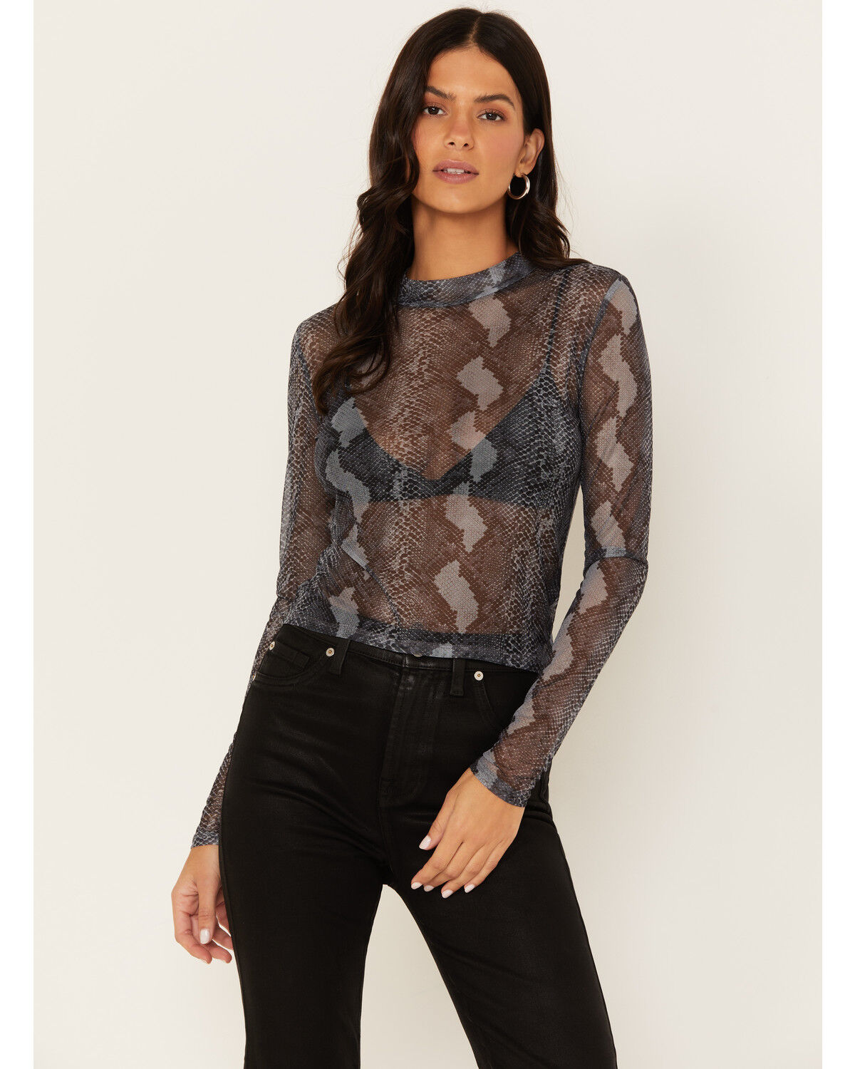 Image #1 - Rock & Roll Denim Women's Snake Print Mesh Long Sleeve Top, Black, hi-res