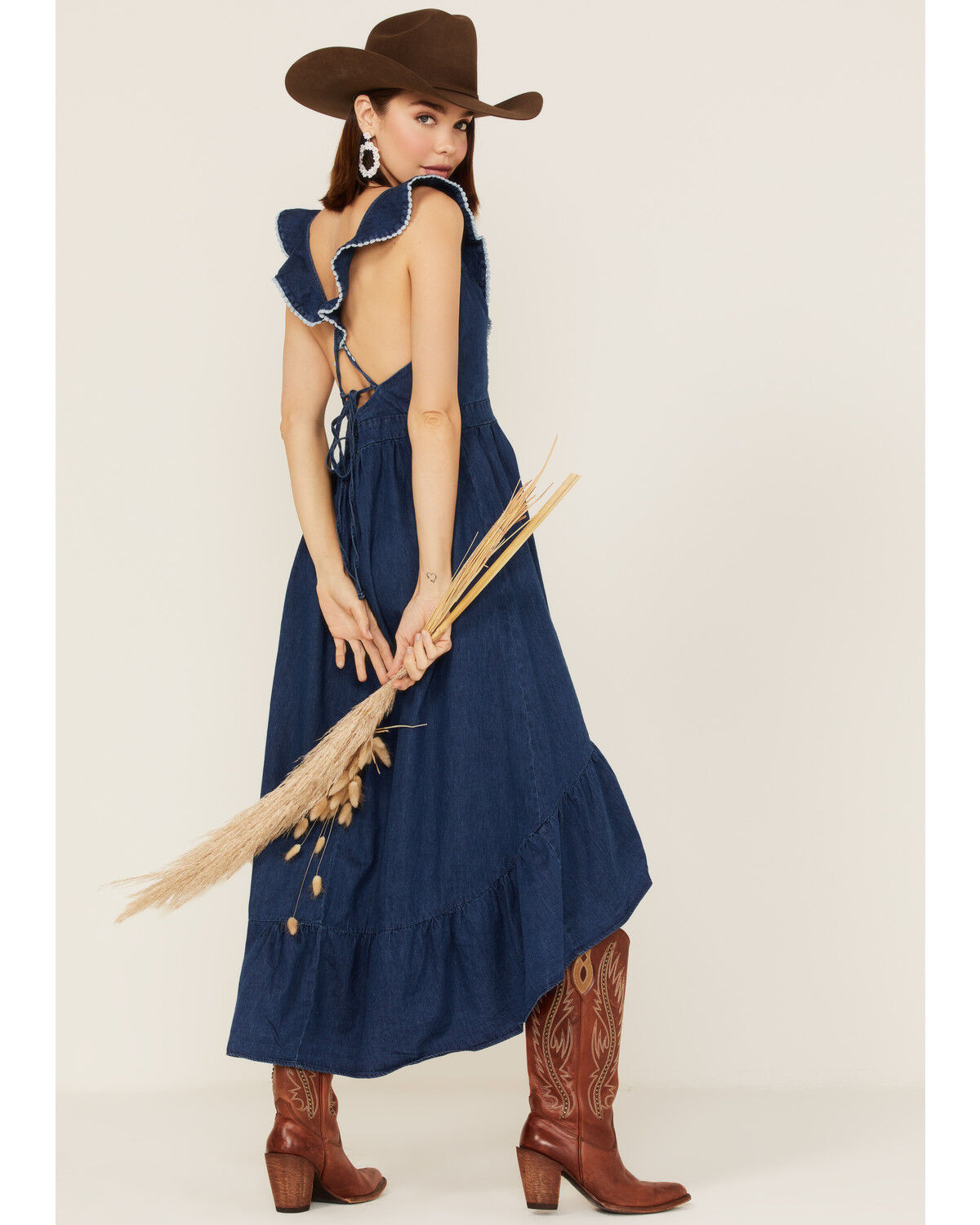 Image #1 - Molly Bracken Women's Ruffle Trim Cross Back Maxi Dress, , hi-res