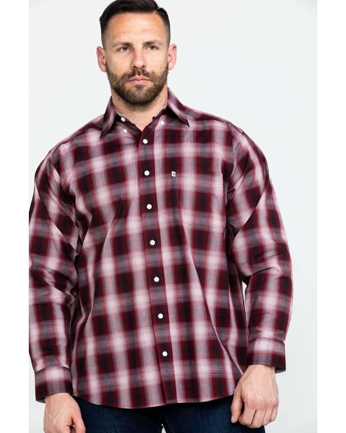 Image #1 - Tuf Cooper Men's Stretch Ombre Plaid Long Sleeve Western Shirt, Rust Copper, hi-res