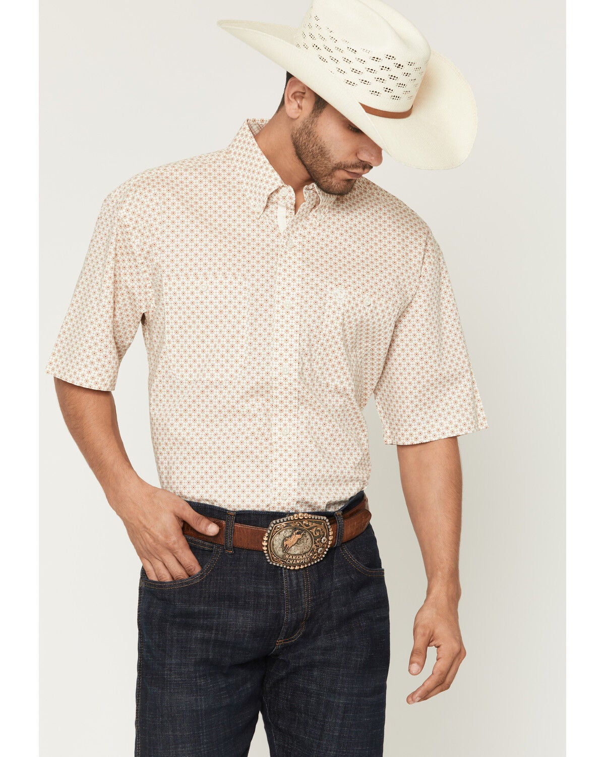 Image #1 - George Strait by Wrangler Men's Geo Print Short Sleeve Button-Down Stretch Western Shirt, Tan, hi-res