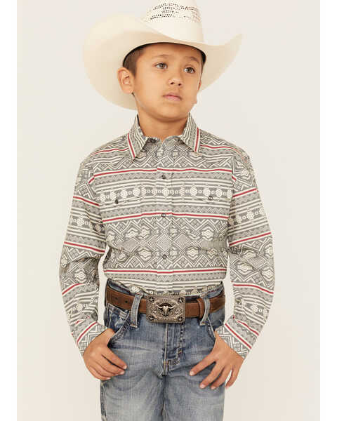 Roper Boys' Southwestern Stripe Print Long Sleeve Snap Western Shirt, Grey, hi-res