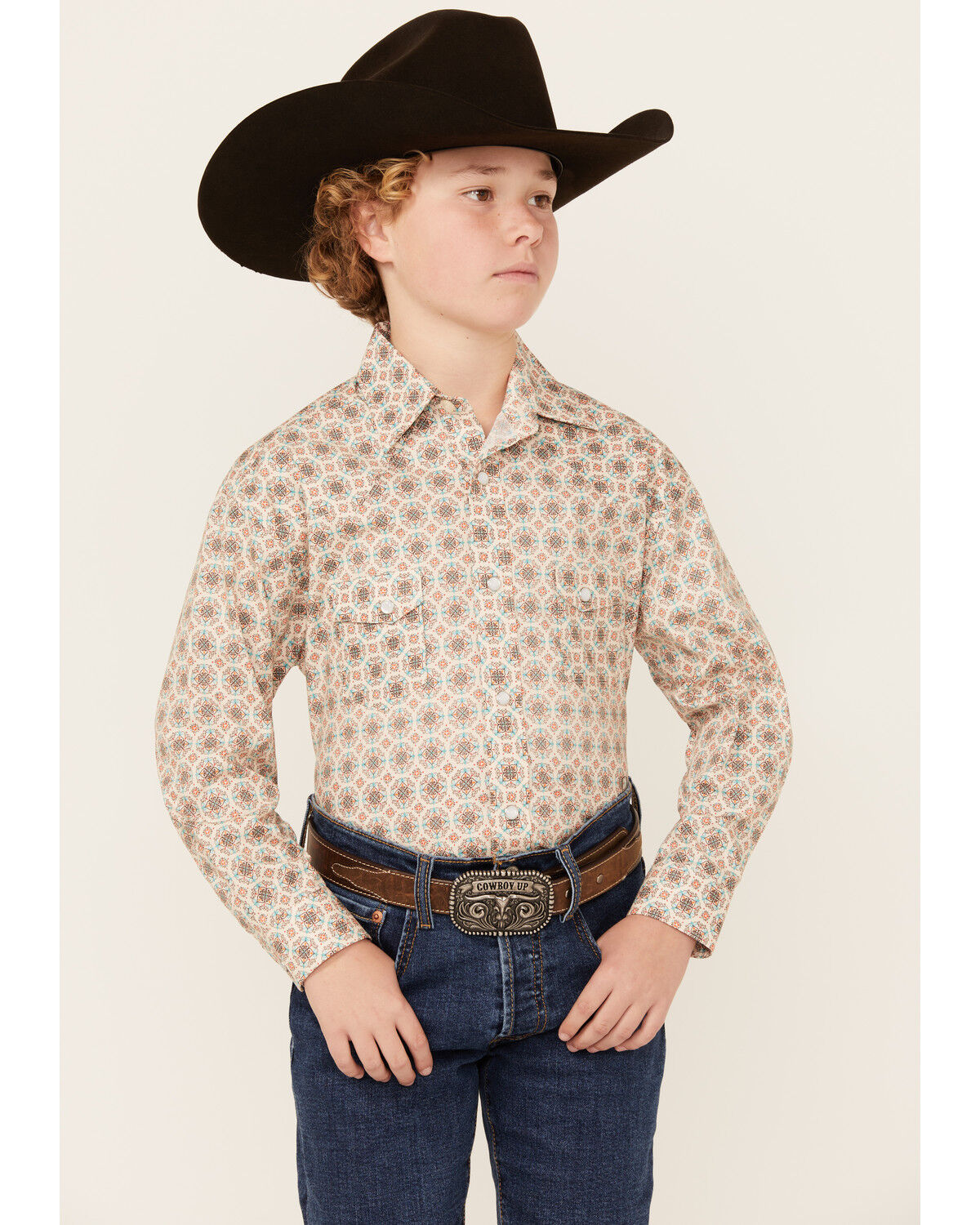 Image #1 - Rock & Roll Denim Boys Geo Print Long Sleeve Pearl Stretch Snap Western Shirt, Cream, hi-res