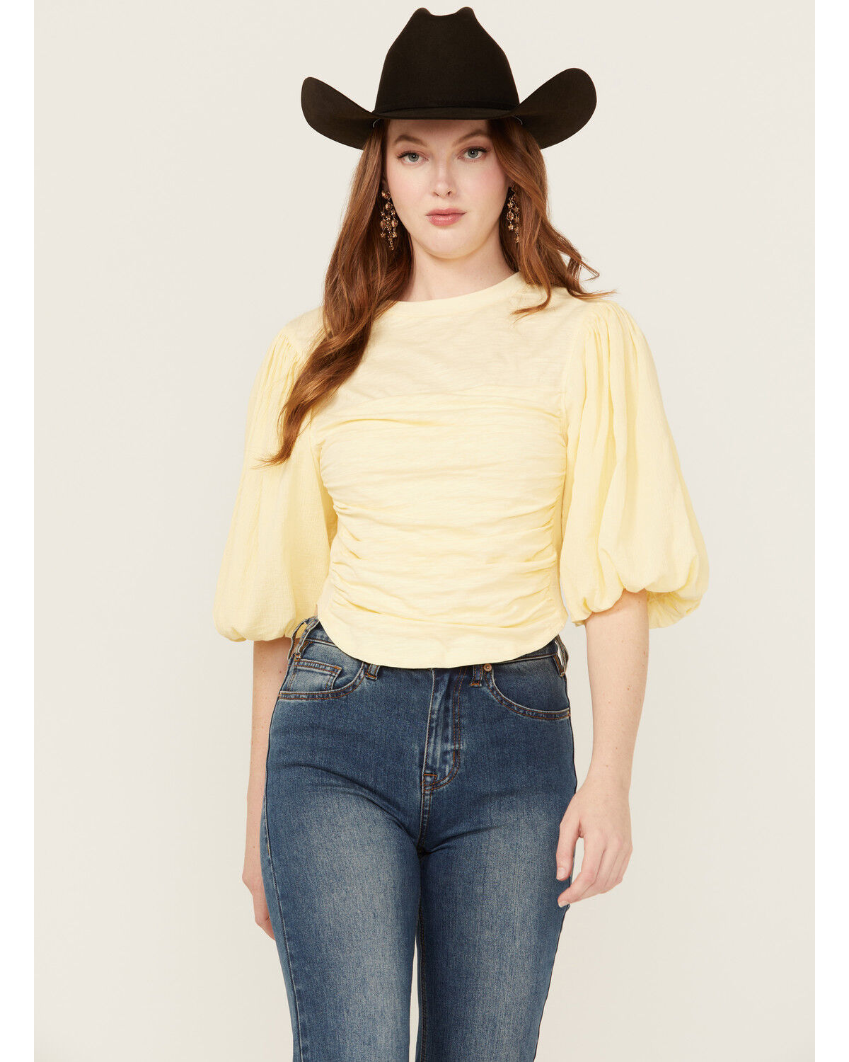 Image #1 - Beyond The Radar Women's Puff Sleeve Ruched Shirt, Yellow, hi-res
