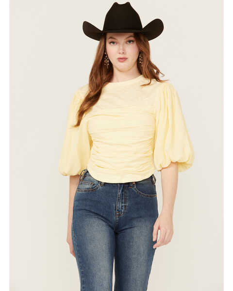 Beyond The Radar Women's Puff Sleeve Ruched Shirt , Yellow, hi-res