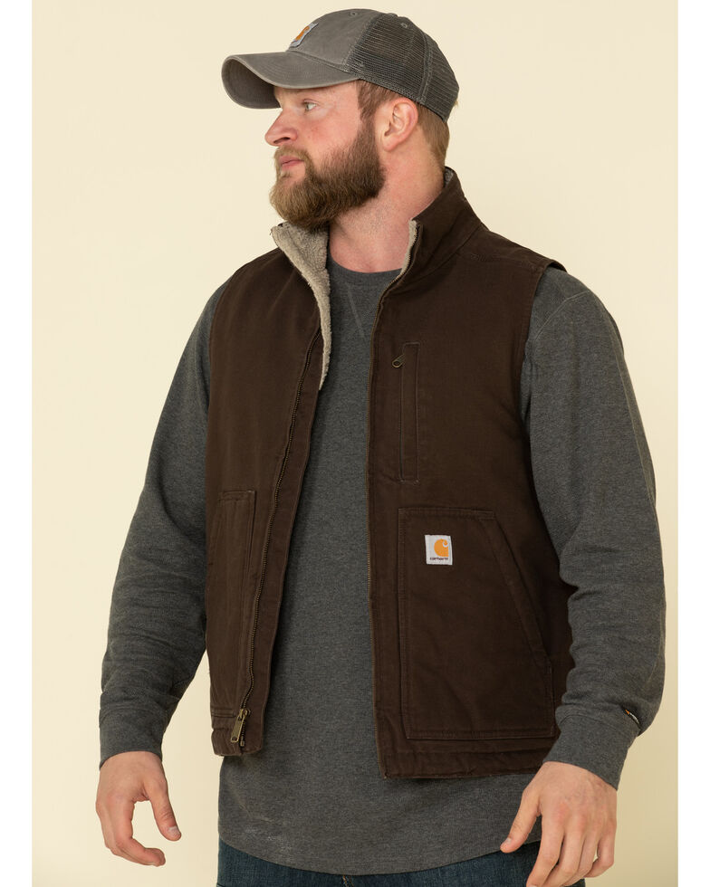 Carhartt Men's Dark Brown Washed Duck Sherpa Lined Mock Neck Work Vest - Big , Dark Brown, hi-res