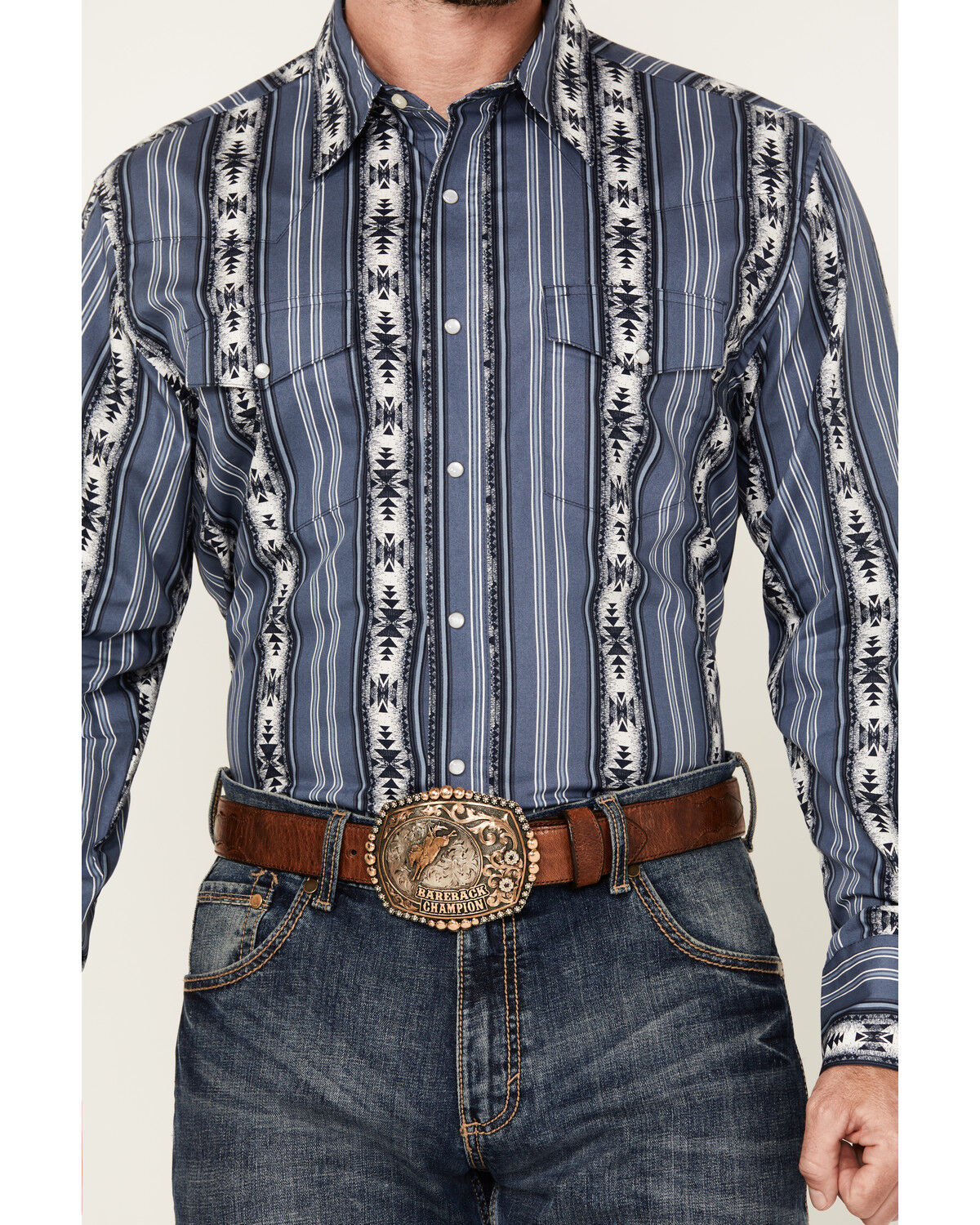 Image #3 - Wrangler Men's Checotah Southwestern Striped Print Long Sleeve Pearl Snap Western Shirt, Blue, hi-res