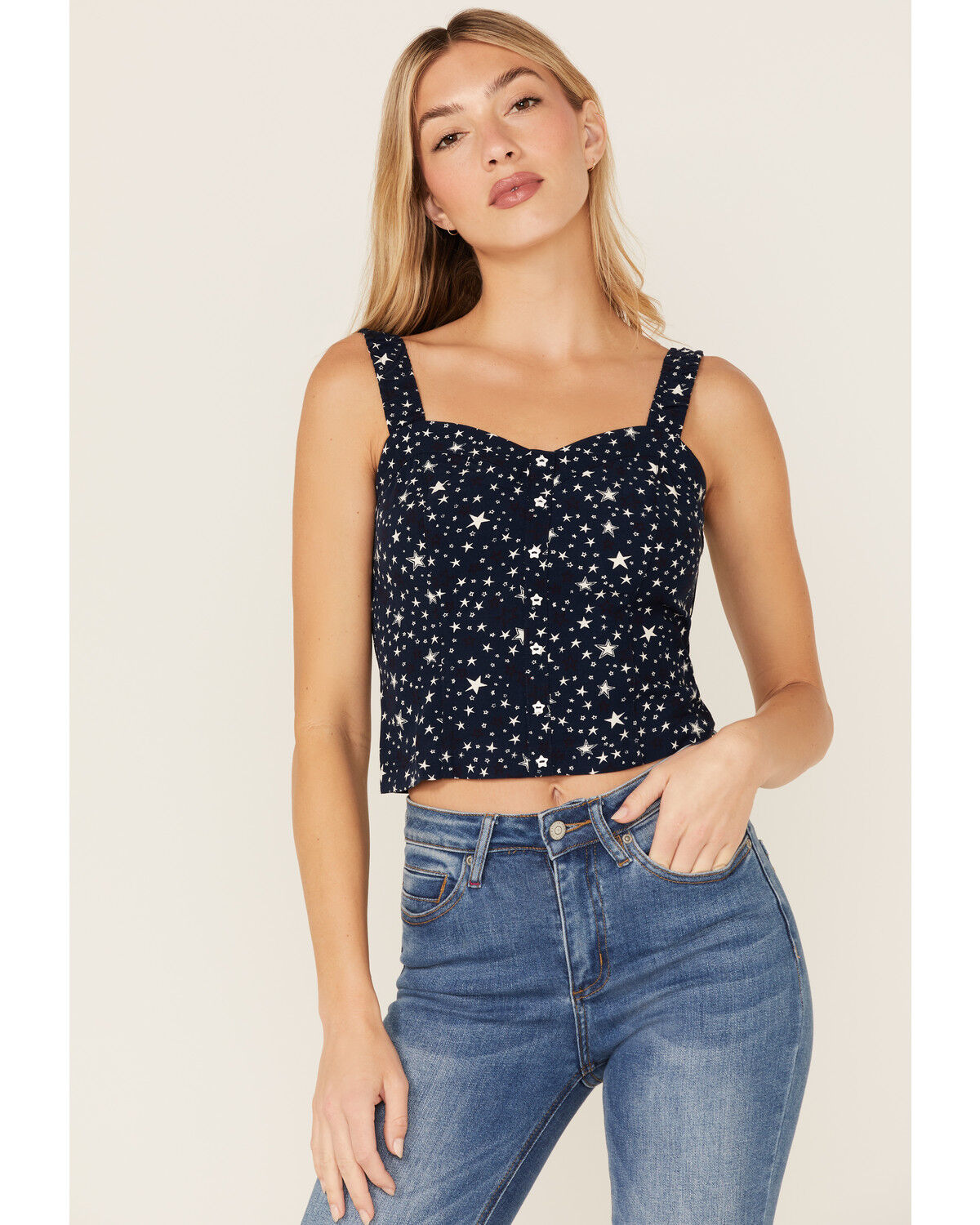 Image #1 - Idyllwind Women's Pineview Corset Star Print Tank Top, Navy, hi-res