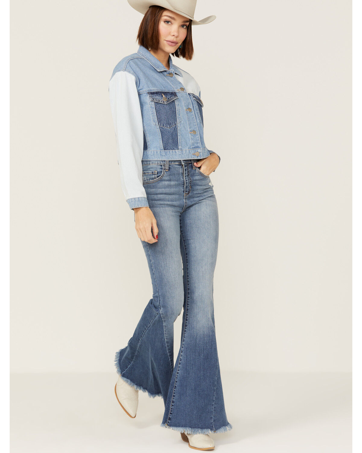 Image #4 - Driftwood Women's Colorblock Cropped Denim Jean Jacket, Blue, hi-res