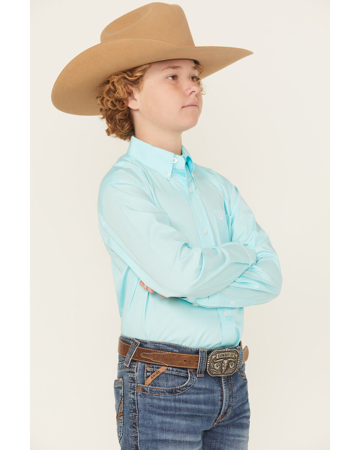 Image #2 - Cinch Boys' Solid Long Sleeve Button-Down Western Shirt, Turquoise, hi-res