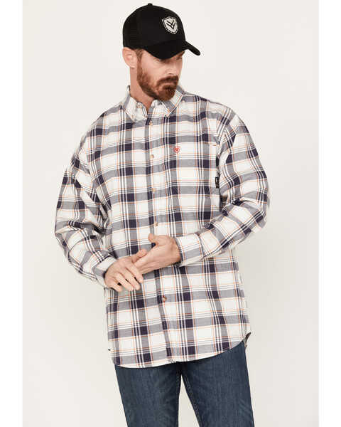 Ariat Men's FR Chiseled Plaid Print Long Sleeve Button Down Work Shirt, Blue/white, hi-res