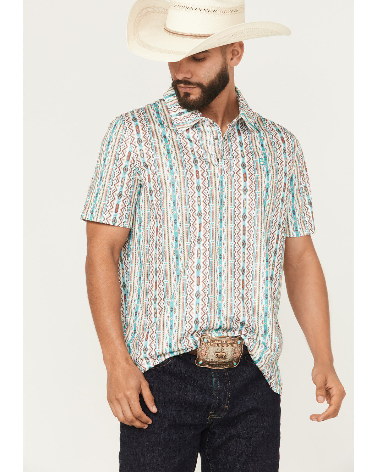 Image #1 - Panhandle Slim Men's Southwestern Striped Short Sleeve Pearl Snap Performance Polo, Multi, hi-res