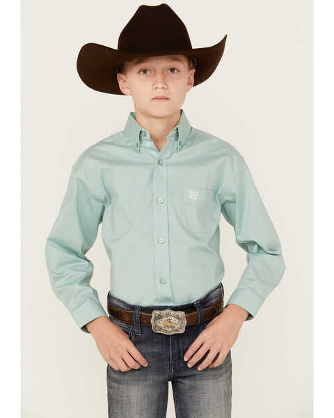 Panhandle Boys' Solid Poplin Long Sleeve Button-Down Western Shirt , Aqua, hi-res