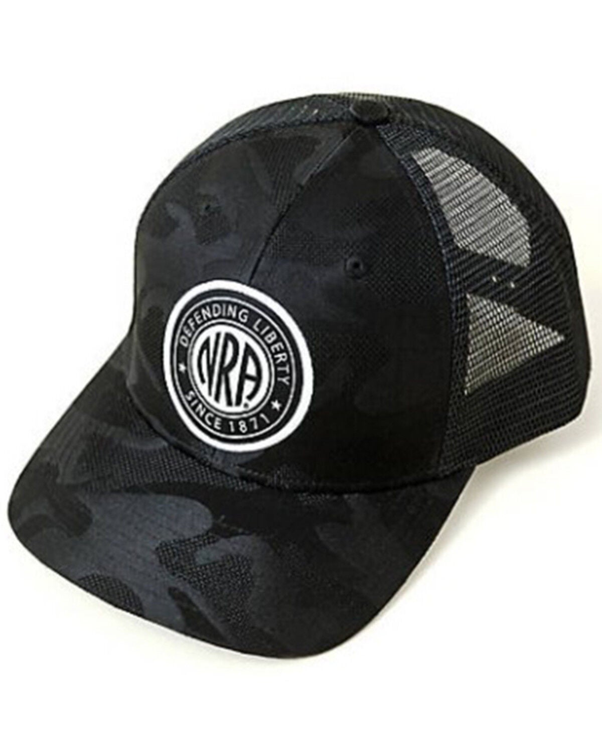 NRA Men's Black Camo Circle Logo Patch Mesh-Back Trucker Cap, Black, hi-res