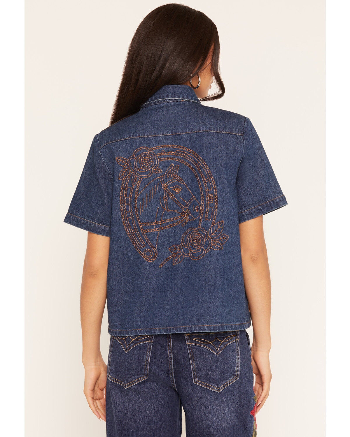 Rodeo Quincy X Boot Barn Women's Arrow Ranch Short Sleeve Denim Embroidered Snap Western Shirt, Dark Wash, hi-res