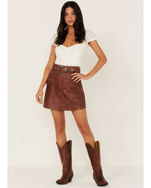 Idyllwind Women's Western Belt Leather Mini Skirt, Brandy Brown, hi-res