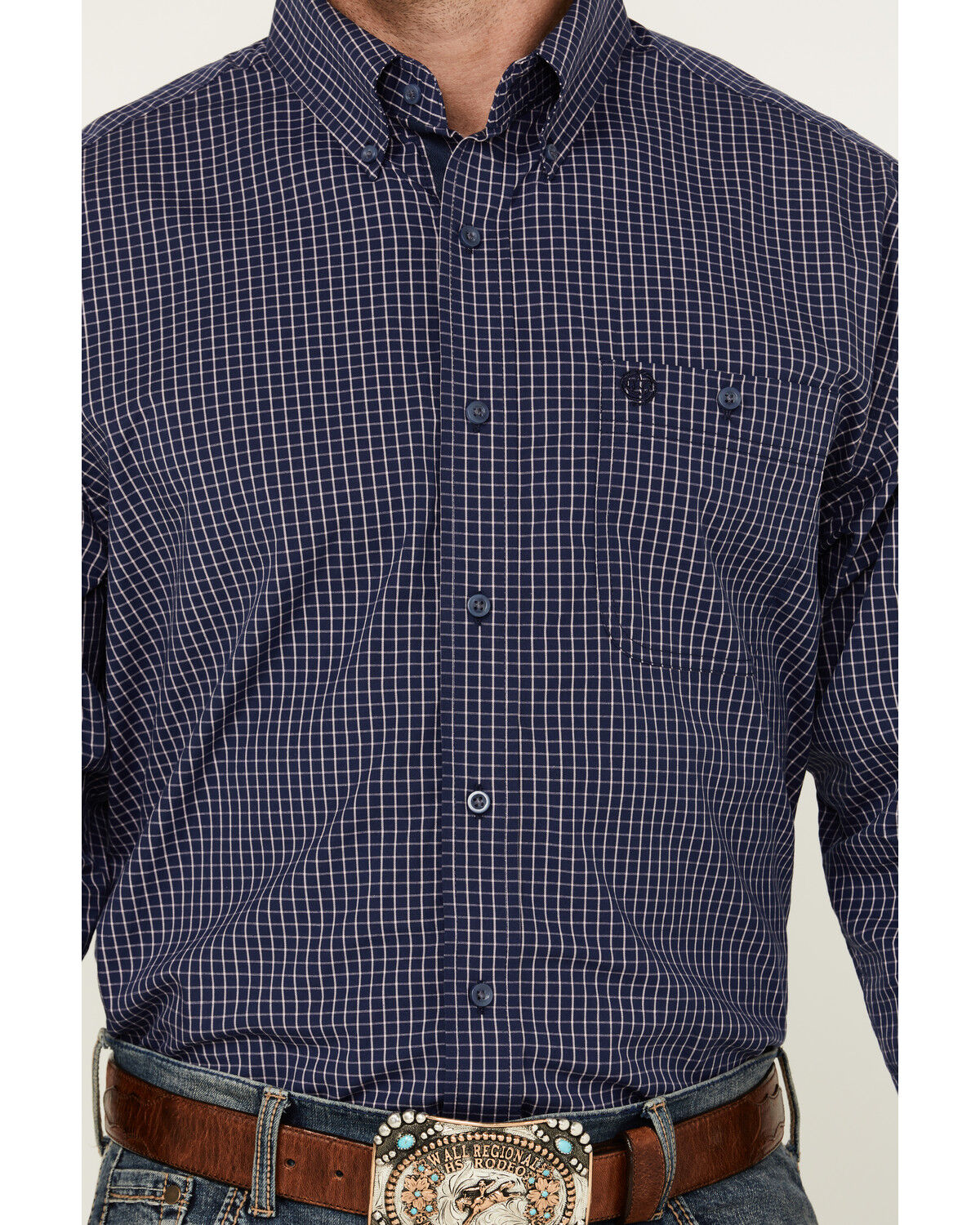 Image #3 - George Strait By Wrangler Men's Plaid Print Long Sleeve Button-Down Stretch Western Shirt, Navy, hi-res