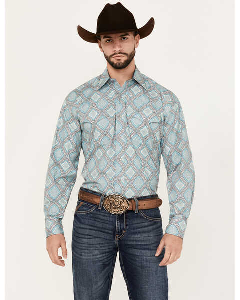 Stetson Men's Medallion Print Long Sleeve Snap Western Shirt, Turquoise, hi-res