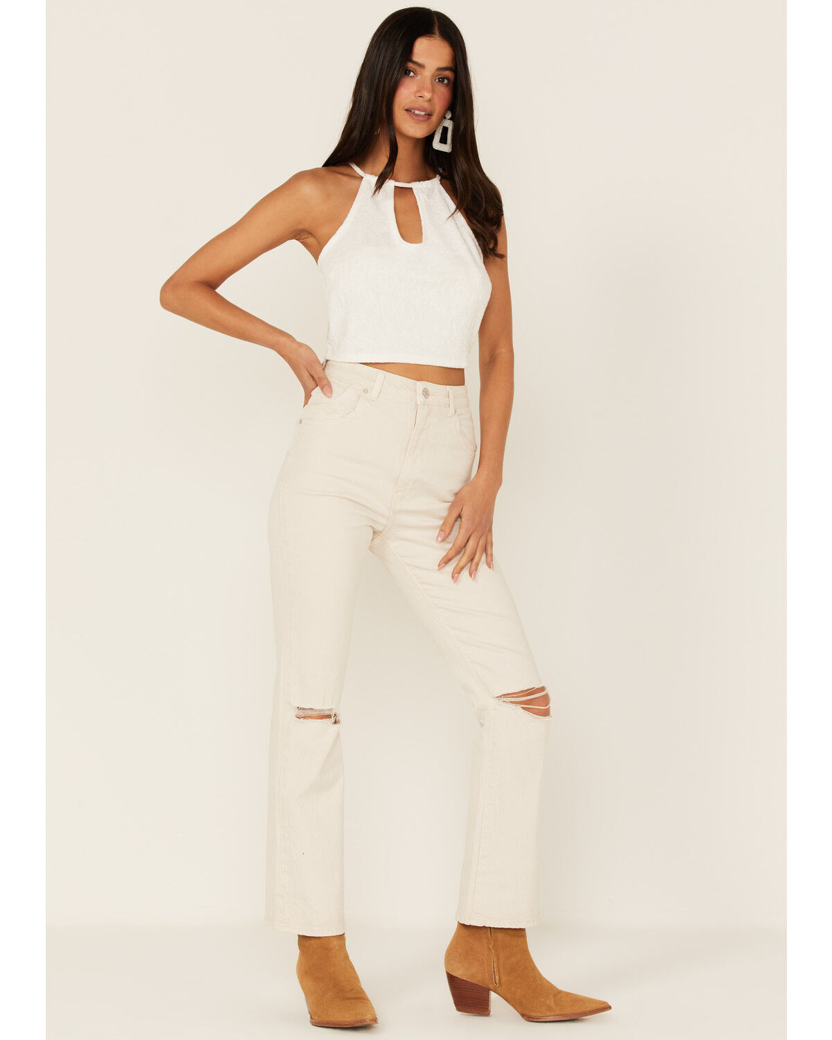 Image #2 - Shyanne Women's Textured Floral Halter Keyhole Tank Top, Ivory, hi-res