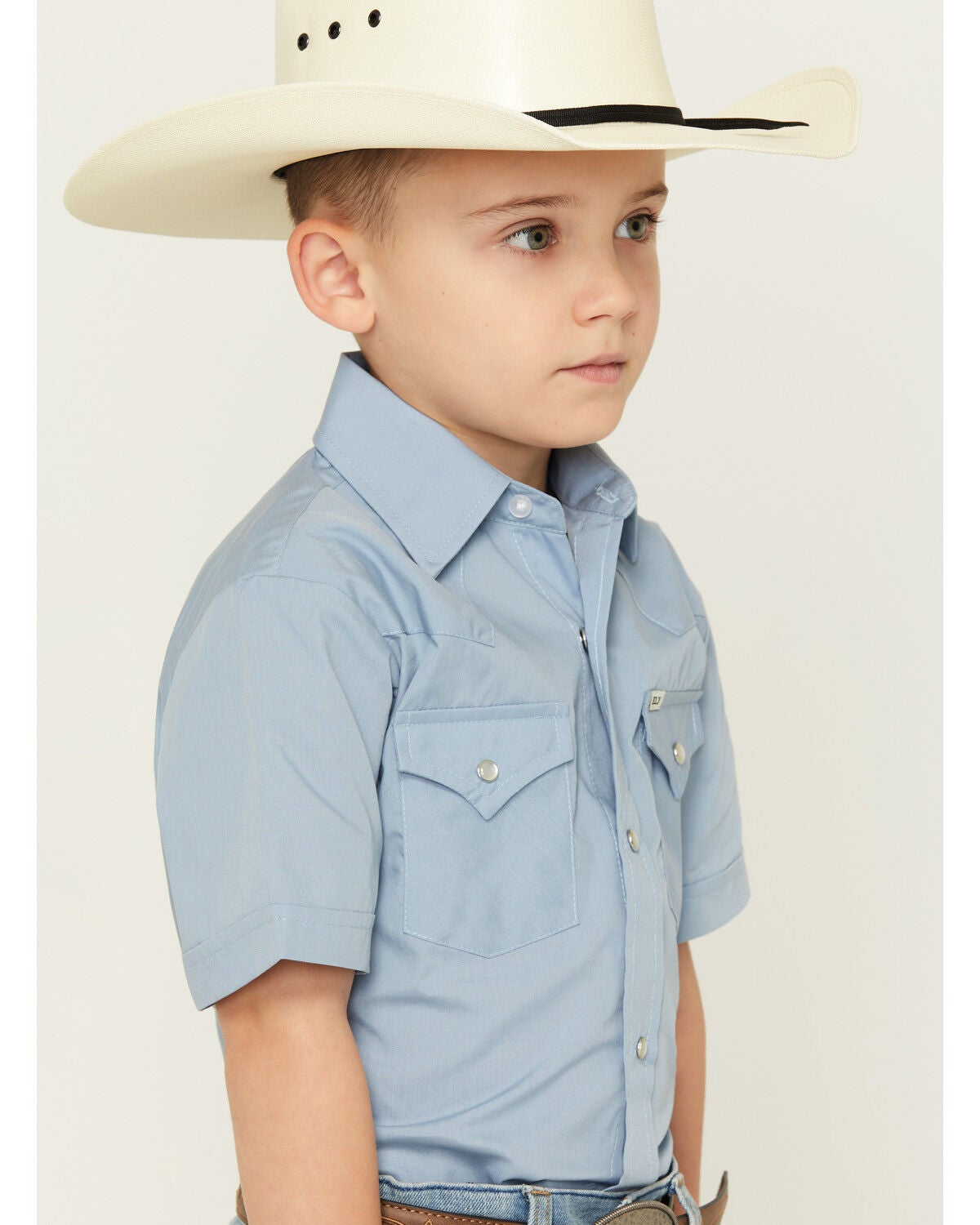 Image #2 - Ely Walker Boys' Solid Short Sleeve Pearl Snap Western Shirt, Blue, hi-res