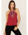 Image #1 - Rock & Roll Denim Women's Southwestern Paisley Embroidered Halter Tank Top, Red, hi-res