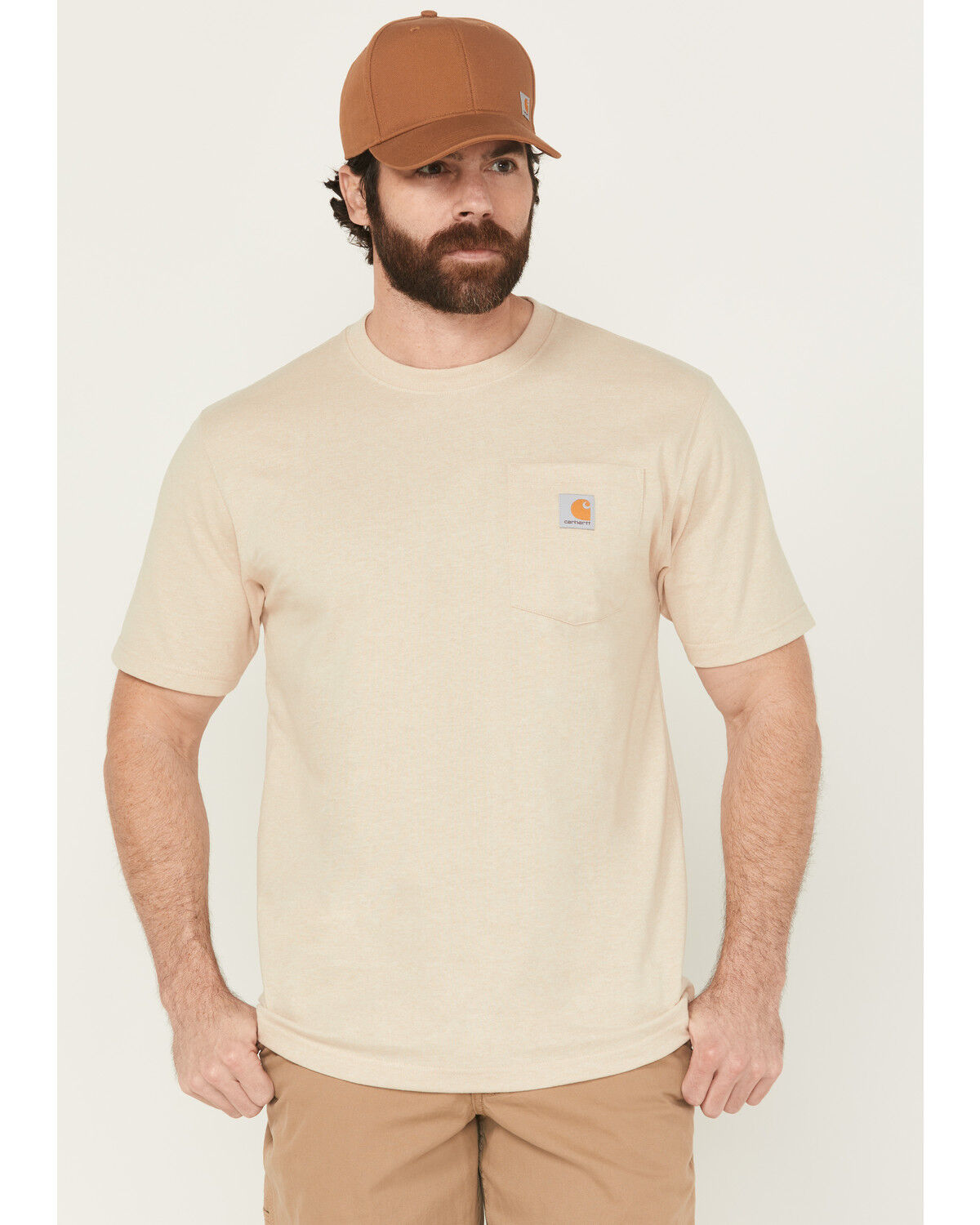 Image #1 - Carhartt Men's Loose Fit Heavyweight Logo Pocket Work T-Shirt, Cream, hi-res