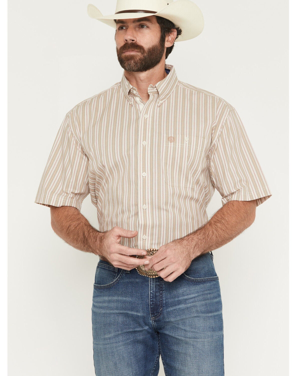 George Strait by Wrangler Men's Striped Short Sleeve Button-Down Stretch Western Shirt - Big, Tan, hi-res