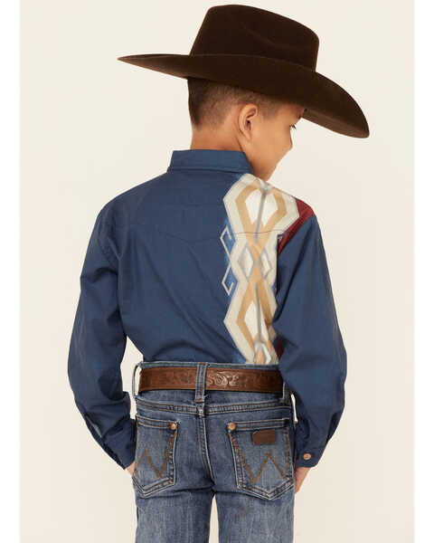 Roper Boys' Vintage Arrow Vertical Border Print Long Sleeve Button Down Western Shirt , Blue, hi-res