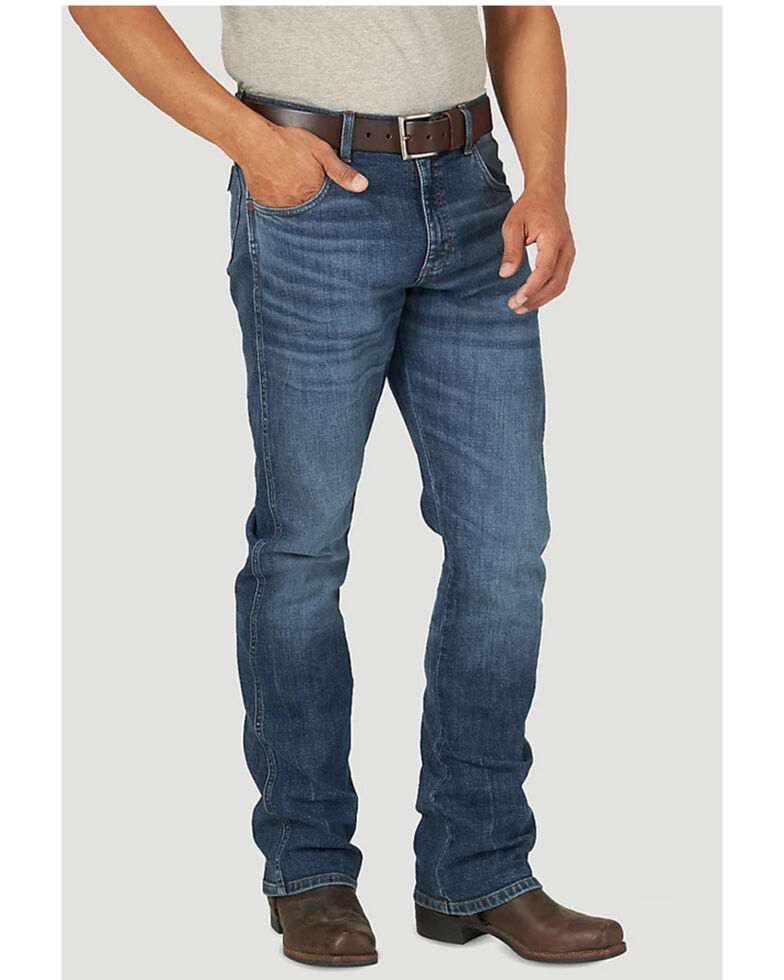 Wrangler Retro Green Men's Corolla Dark Wash Stretch Slim Bootcut Jeans , Blue, hi-res