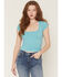 Image #1 - Fornia Women's Lace Trim Printed Short Sleeve Cropped Top, Blue, hi-res