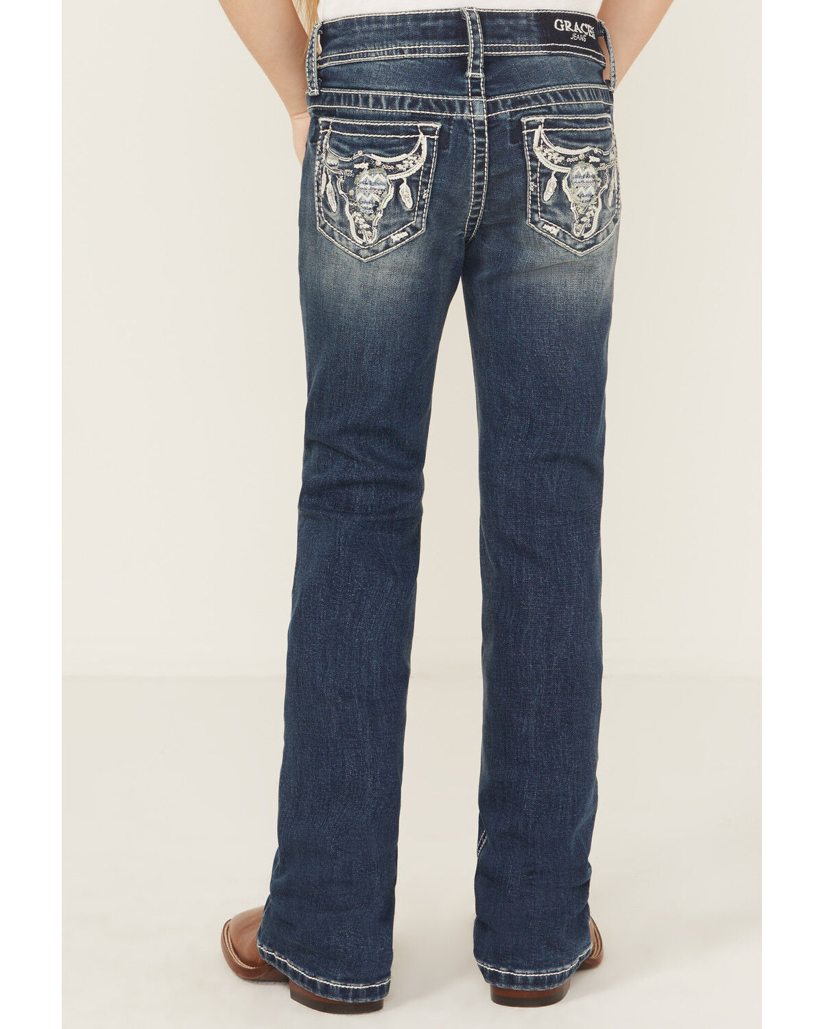 Image #2 - Grace in LA Girls' Dark Wash Steer Head Pocket Bootcut Denim Jeans, Medium Wash, hi-res