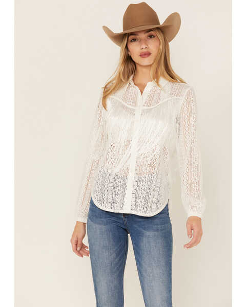Idyllwind Women's Rockstreet Fringe Button Down Western Shirt, White, hi-res