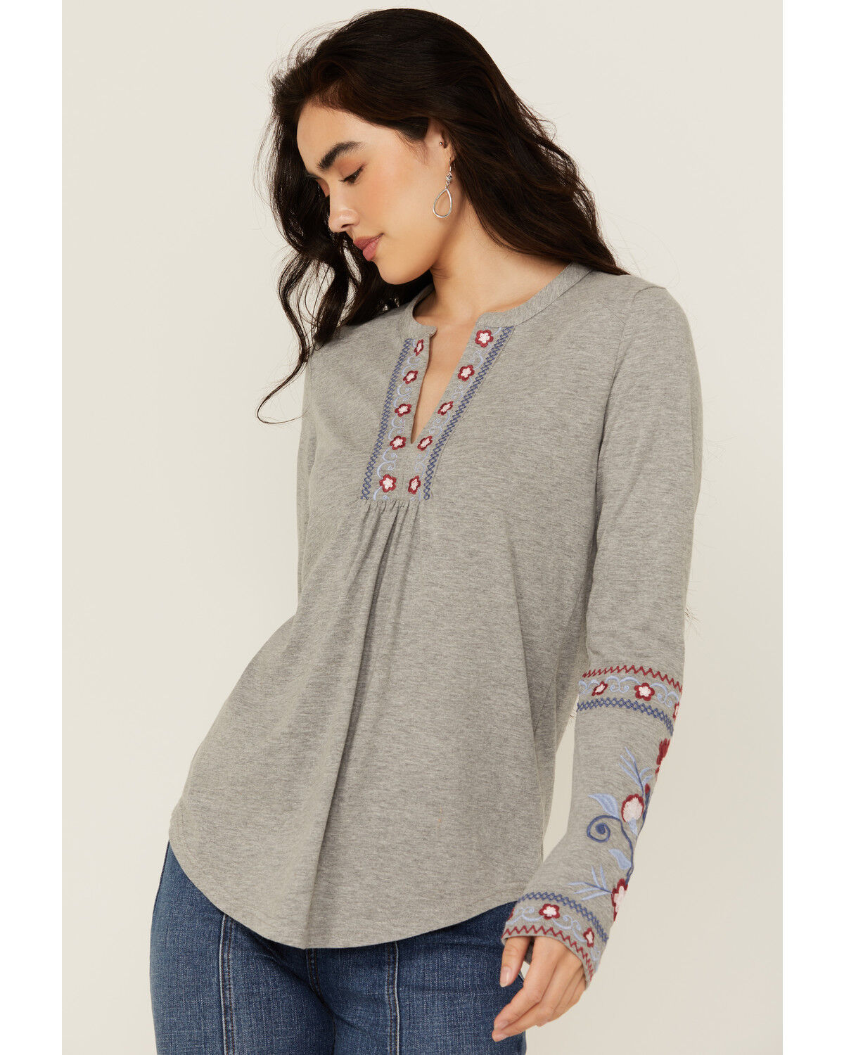 Image #2 - Roper Women's Floral Embroidered Long Sleeve Shirt, Grey, hi-res
