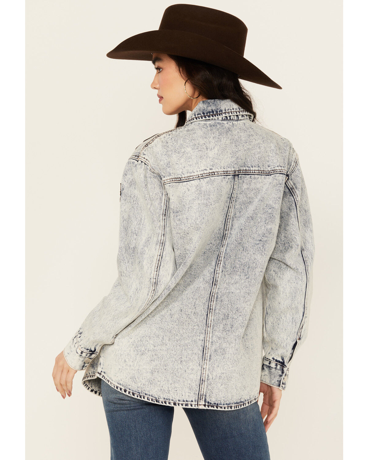 Image #4 - Blue B Women's Western Patchwork Snap Denim Shacket, Light Wash, hi-res