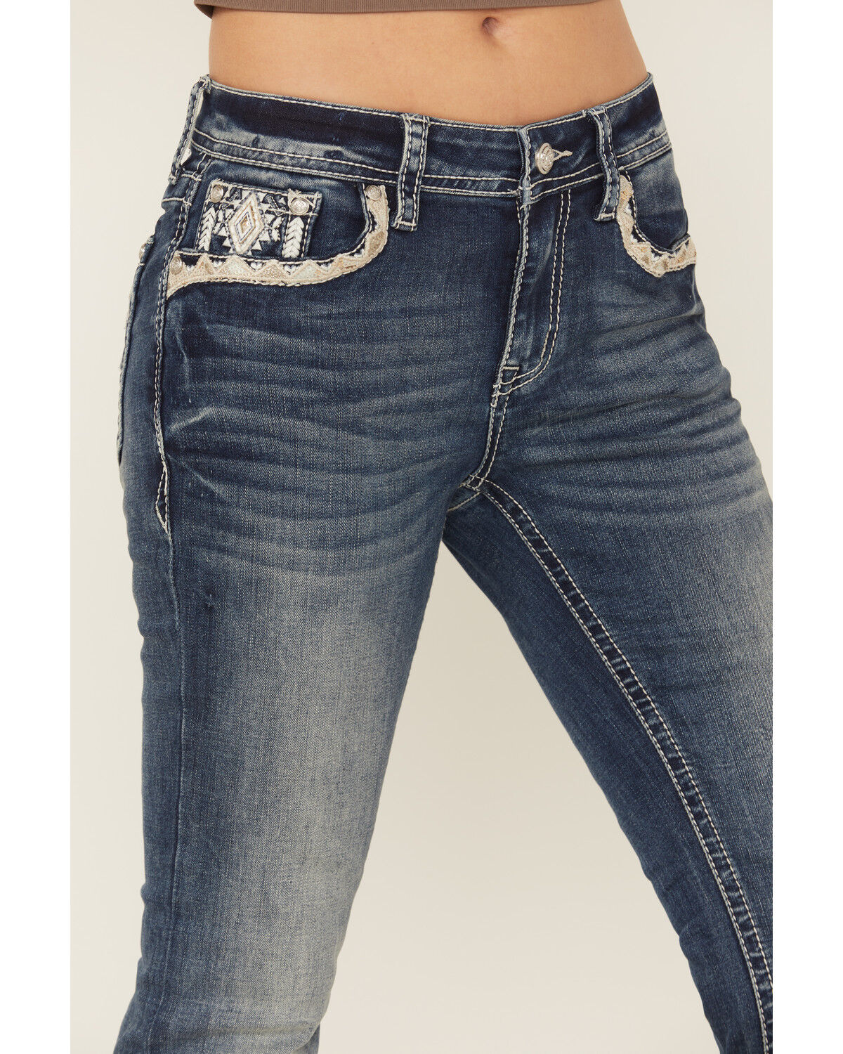 Image #4 - Grace in LA Women's Medium Wash Diamond Embroidered Mid Rise Bootcut Stretch Denim Jeans, Medium Wash, hi-res