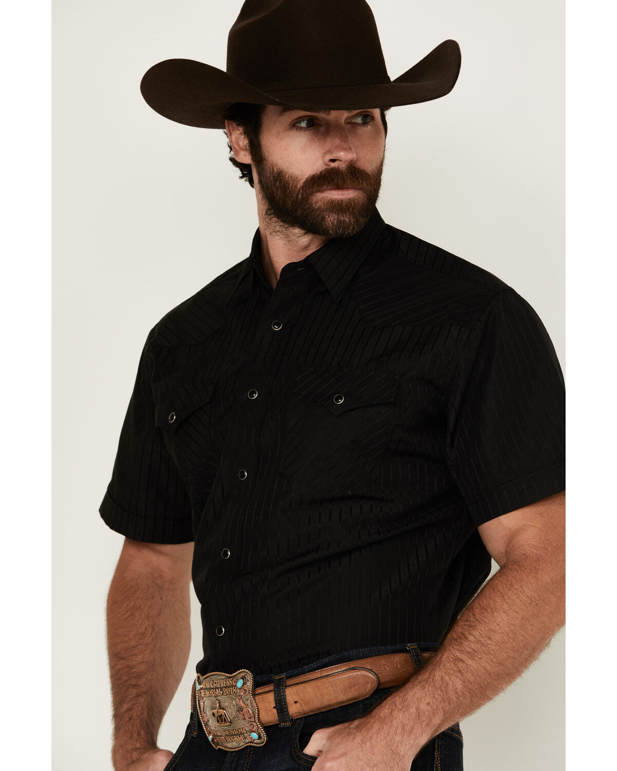 Image #2 - Rodeo Clothing Men's Tonal Satin Striped Short Sleeve Pearl Snap Western Shirt, Black, hi-res