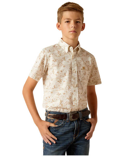 Ariat Boys' Classic Cowboy Short Sleeve Button-Down Western Shirt , Tan, hi-res