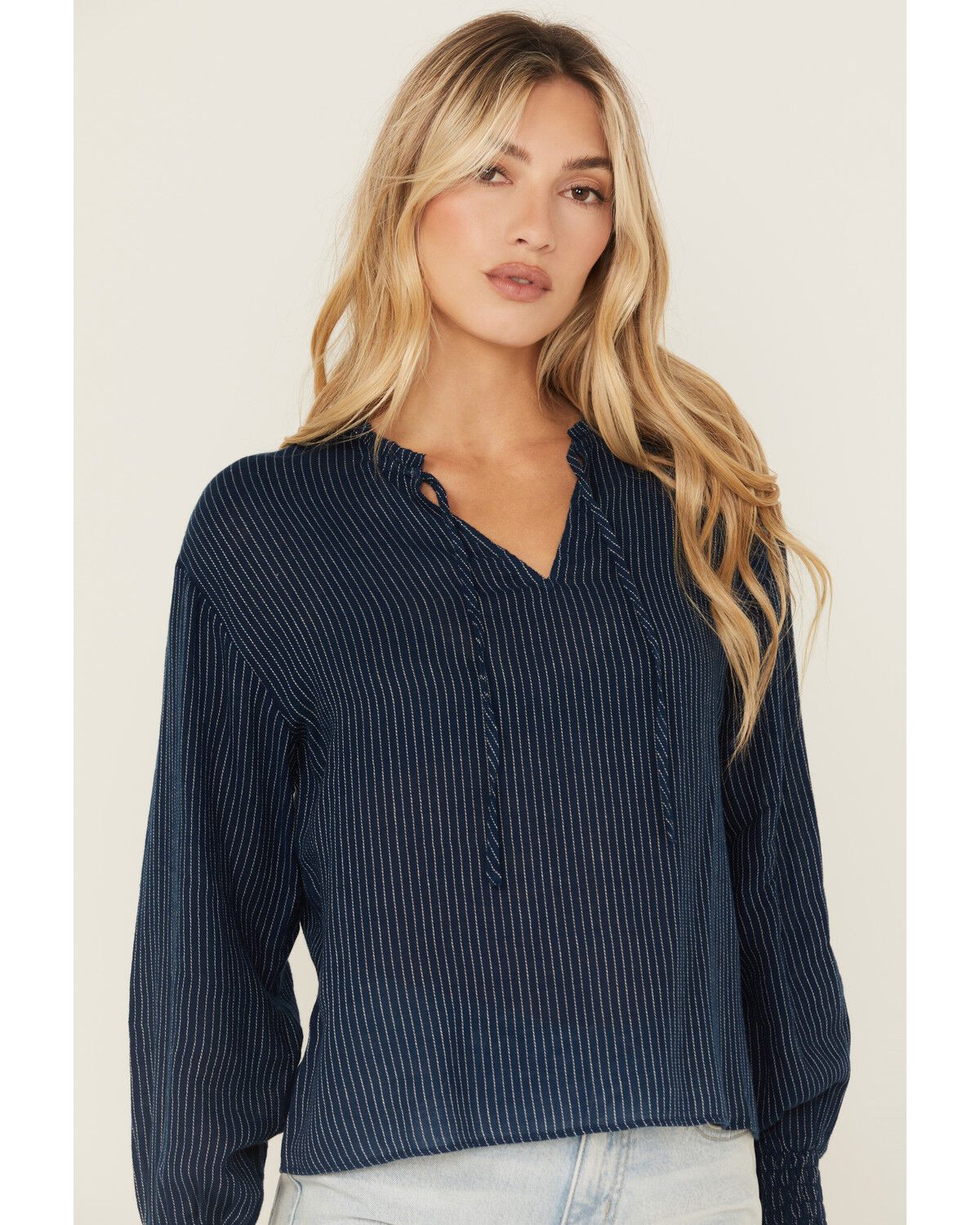 Image #1 - Cleo + Wolf Women's Striped Long Sleeve Peasant Top, Navy, hi-res